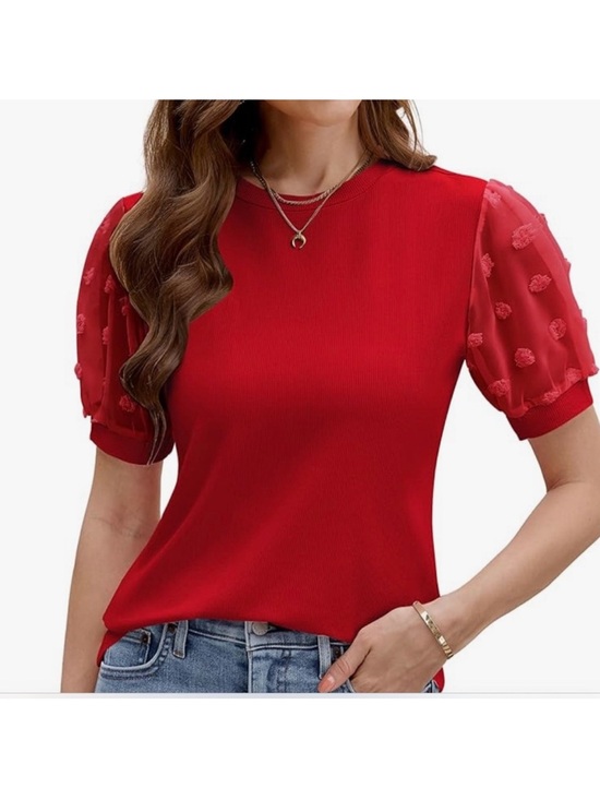 Blooming Jelly Tops - Women's Red Puff Sleeve Short Sleeve Top - Elegant Knit Tee